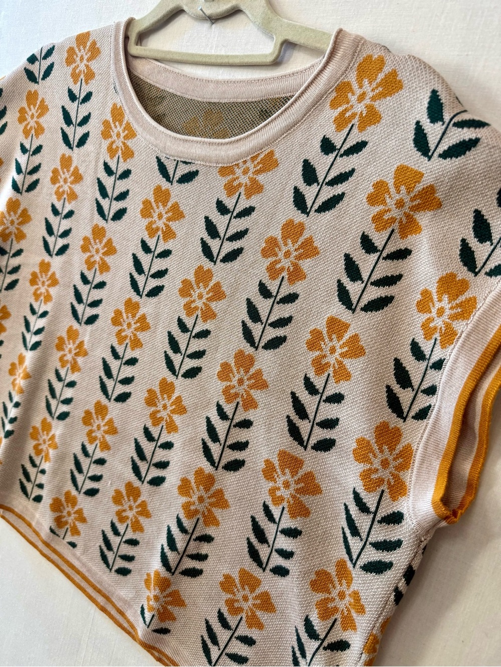 Retro Floral Knit Sweater Vest Cap Sleeve Top Boho Cream Orange Mustard